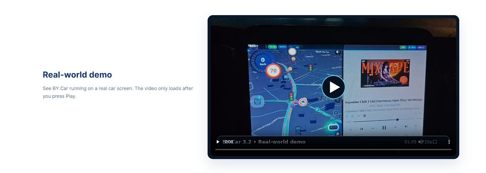BY Drive dashboard with speed, compass, trip statistics, GPS information and music controls